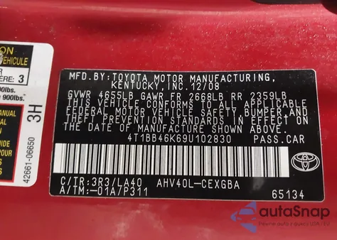 2009 Toyota Camry Hybrid z USA, uszkodzony, nr VIN 4T1BB46K69U102830